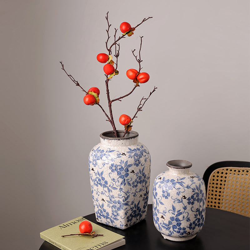 Vintage Blue and White Floral Ceramic Vase – Crackle Glaze Finish