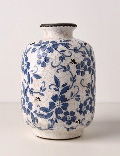 Vintage Blue and White Floral Ceramic Vase – Crackle Glaze Finish