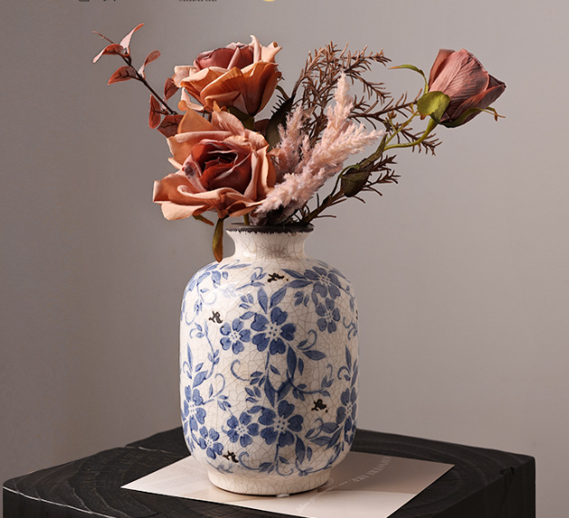 Vintage Blue and White Floral Ceramic Vase – Crackle Glaze Finish