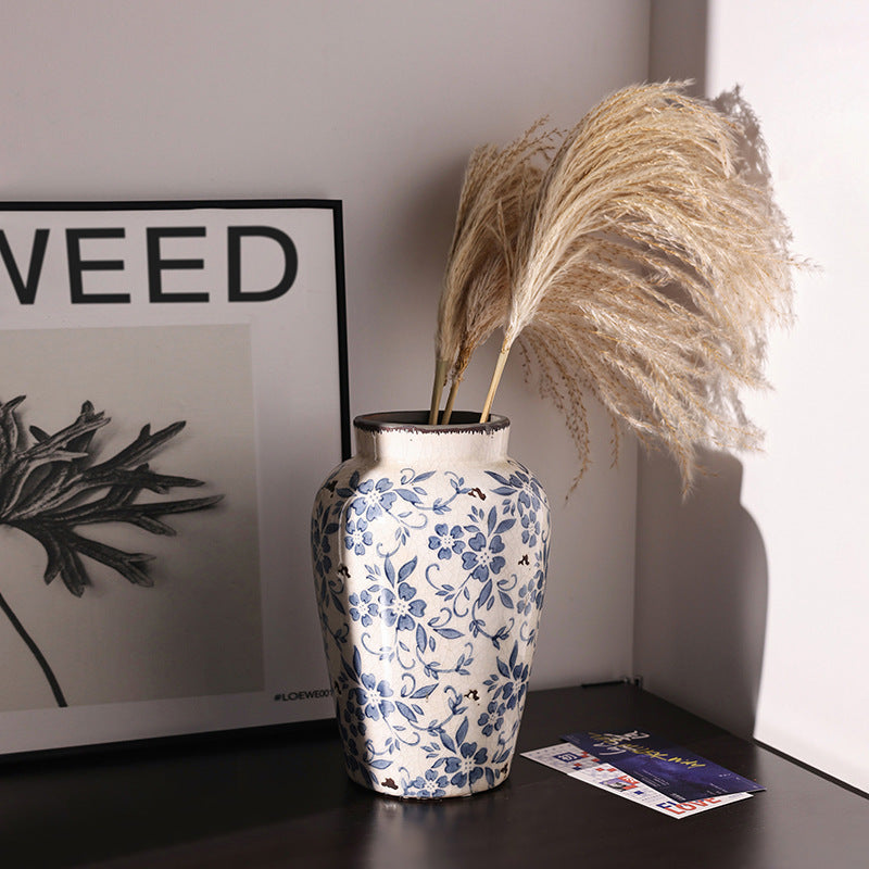 Vintage Blue and White Floral Ceramic Vase – Crackle Glaze Finish