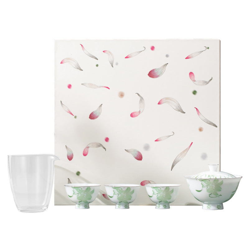 Elegant Green Floral Porcelain Gongfu Tea Set – 7-Piece Set with Gaiwan, Fair Cup & Teacups