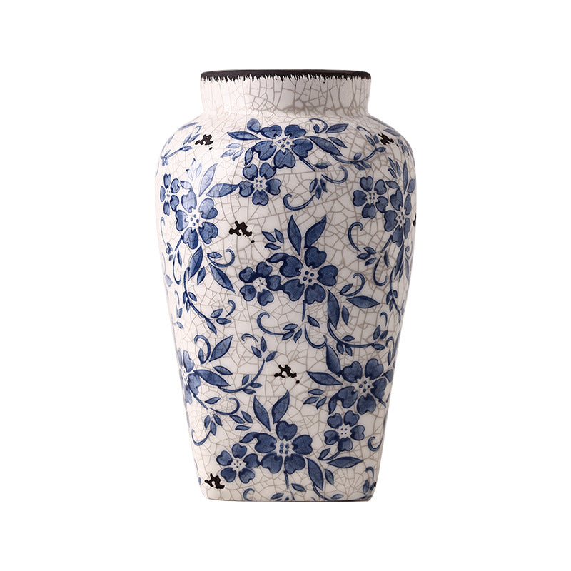 Vintage Blue and White Floral Ceramic Vase – Crackle Glaze Finish