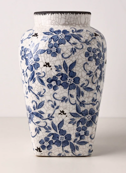 Vintage Blue and White Floral Ceramic Vase – Crackle Glaze Finish